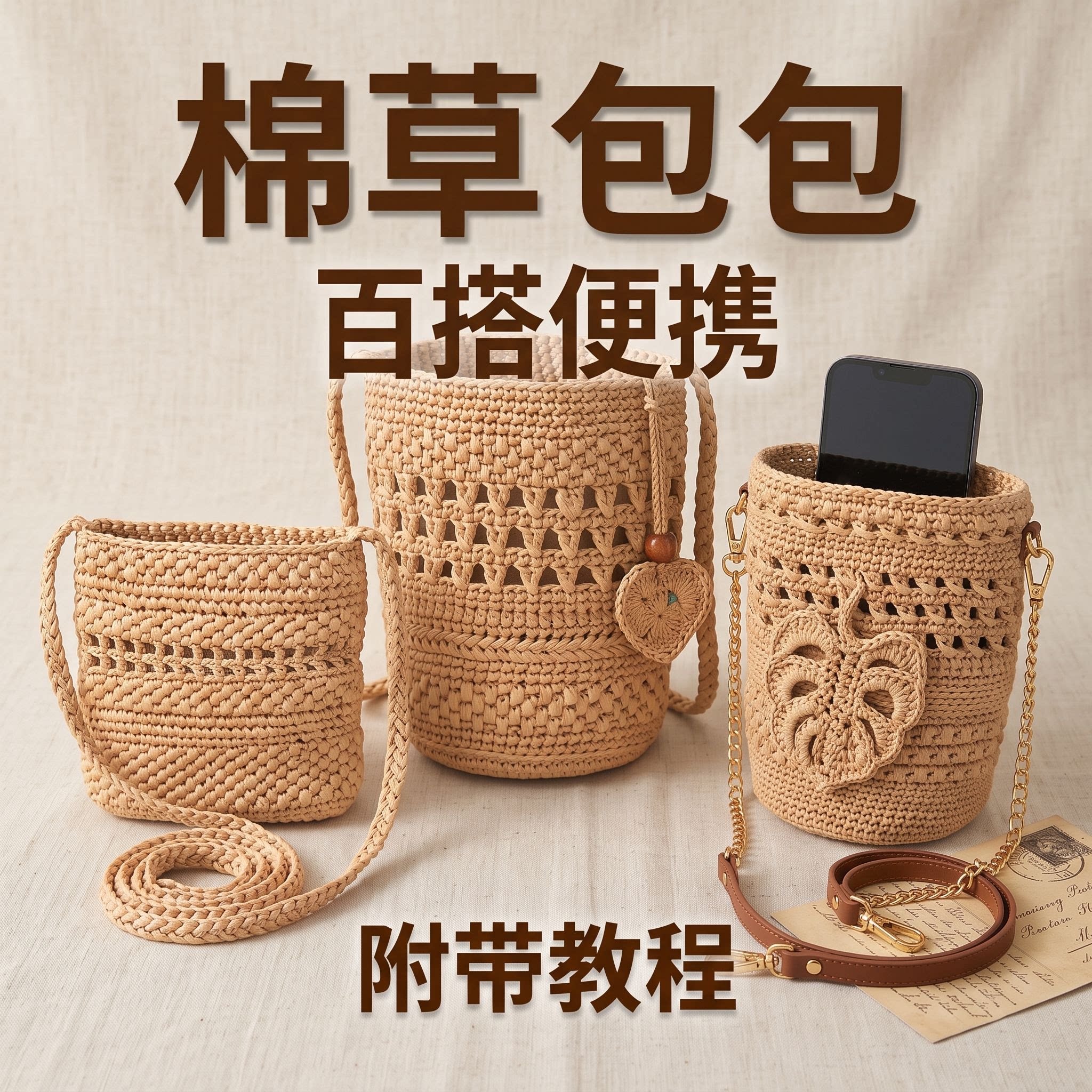 度假风手工钩织水桶手机包材料包