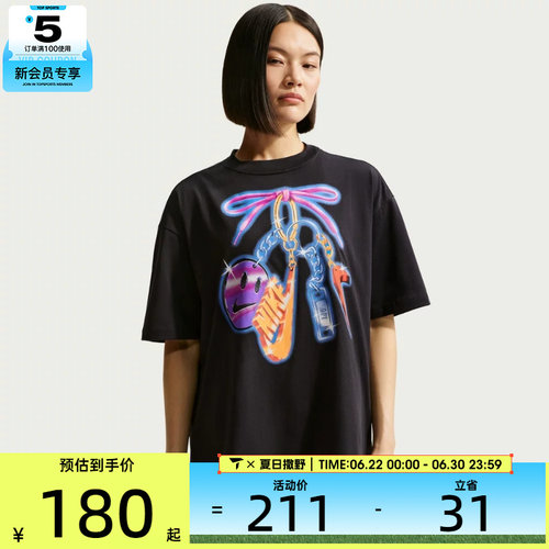 NIKE耐克女子印花透气宽松舒适圆领运动休闲短袖T恤IR7849-010