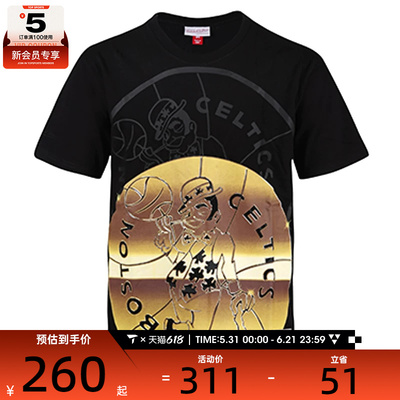 Mitchell&ness复古bigface4.0黑金波士顿凯尔特人队运动T恤领短T