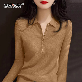 简约修身百搭长袖针织衫毛衣女士新款早春polo领显瘦打底上衣