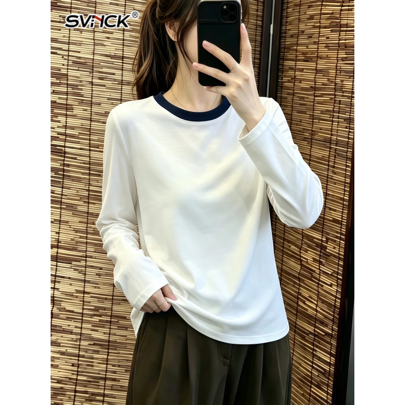 撞色圆领白色长袖T恤女春秋新款宽松百搭显瘦上衣简约内搭打底衫