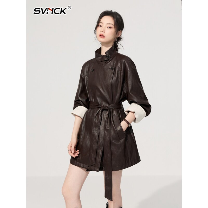 复古松弛感通勤立领收腰皮衣女款