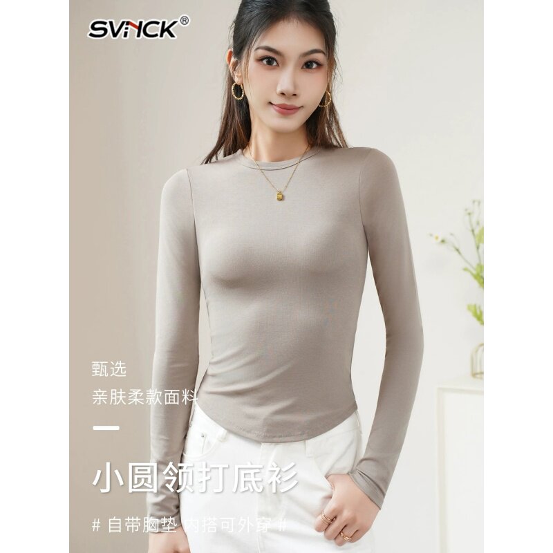小圆领自带胸垫一体女可外穿长袖