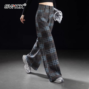 高端直筒牛仔裤女2026新款春季蓝色格子裤子女款阔腿裤拖地裤长裤