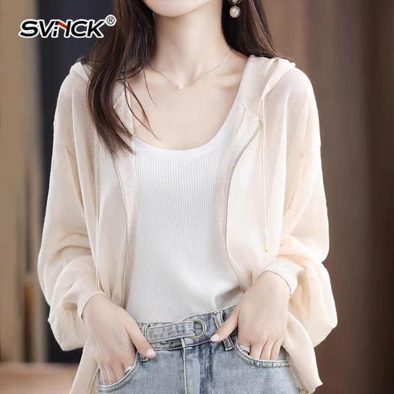 冰丝连帽防晒衣女2025春夏季新款宽松简约薄款拉链针织开衫外套