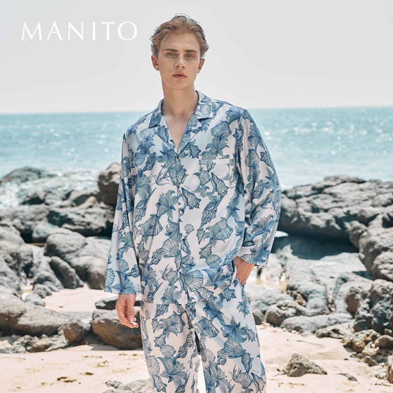 MANITO/曼尼陀Ocean Blue桑蚕丝男士家居服套装印花睡衣亲肤柔软