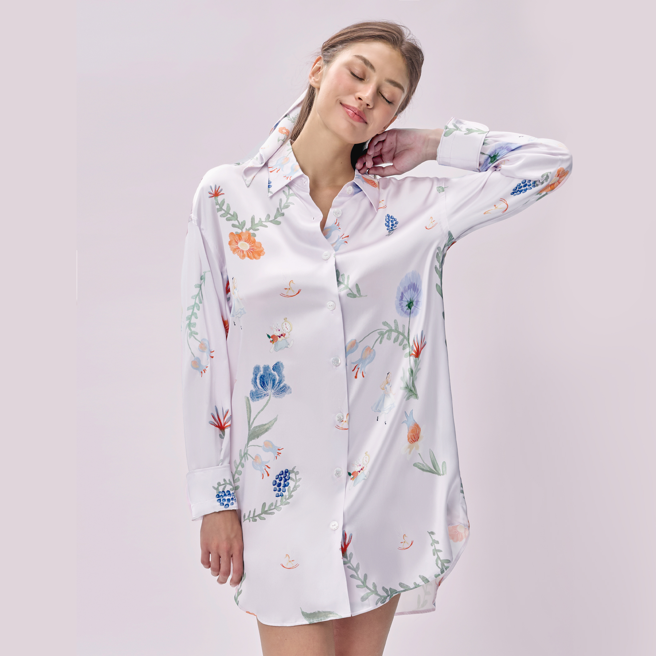 MANITO迪士尼爱丽丝合作系列 Fantasy Forest桑蚕丝女士长袖衬衫