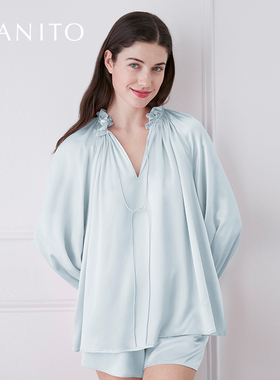 MANITO/曼尼陀Sophia 木耳边飘带短裤睡衣套装桑蚕丝家居服