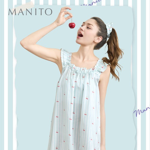 MANITO/曼尼陀Summer Fruits女士短睡裙条纹水果印花桑蚕丝连衣裙