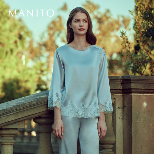 manito桑蚕丝蕾丝拼接睡衣套装