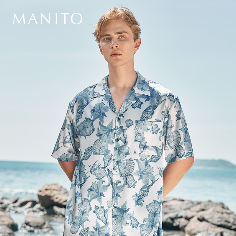 MANITO/曼尼陀Ocean Blue桑蚕丝男士短袖套装睡衣家居服亲肤透气