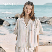 短袖 MANITO 桑蚕丝女士家居服短套装 Stripe 睡衣 曼尼陀Ocean
