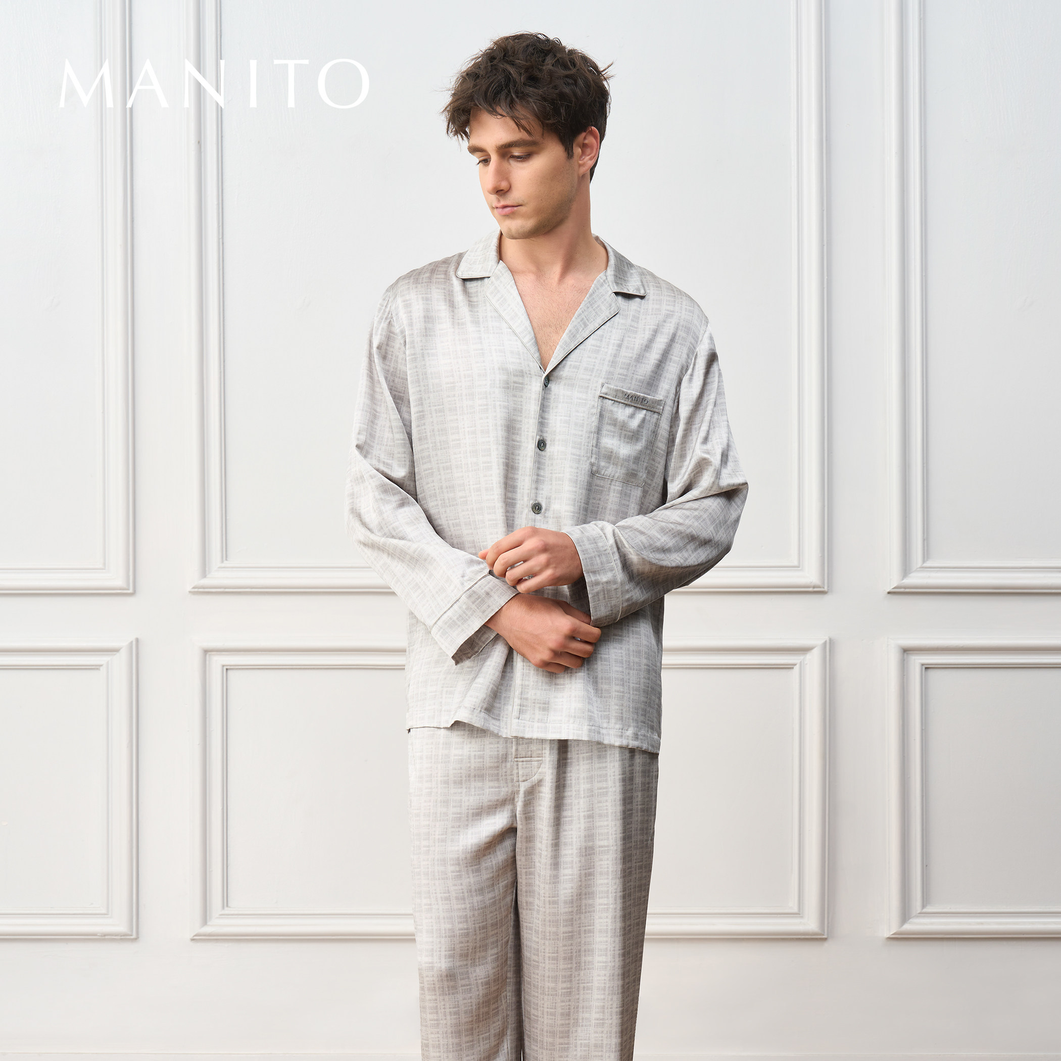 MANITO/曼尼陀Greywake‌男士家居服套装桑蚕丝格子印花睡衣