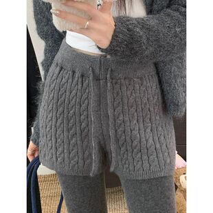 秋冬季甜辣风松紧腰时尚气质港风裤子阔腿毛线针织休闲短裤女