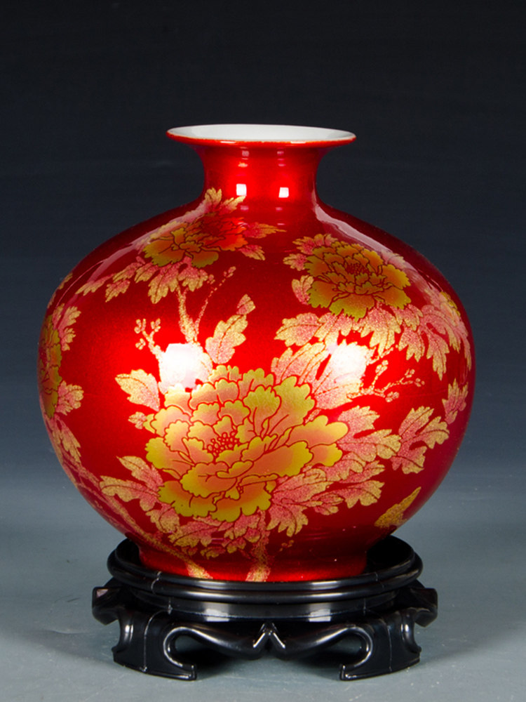 景德镇陶瓷器中国红色水晶釉石榴花瓶插花创意家居客厅装饰品摆件