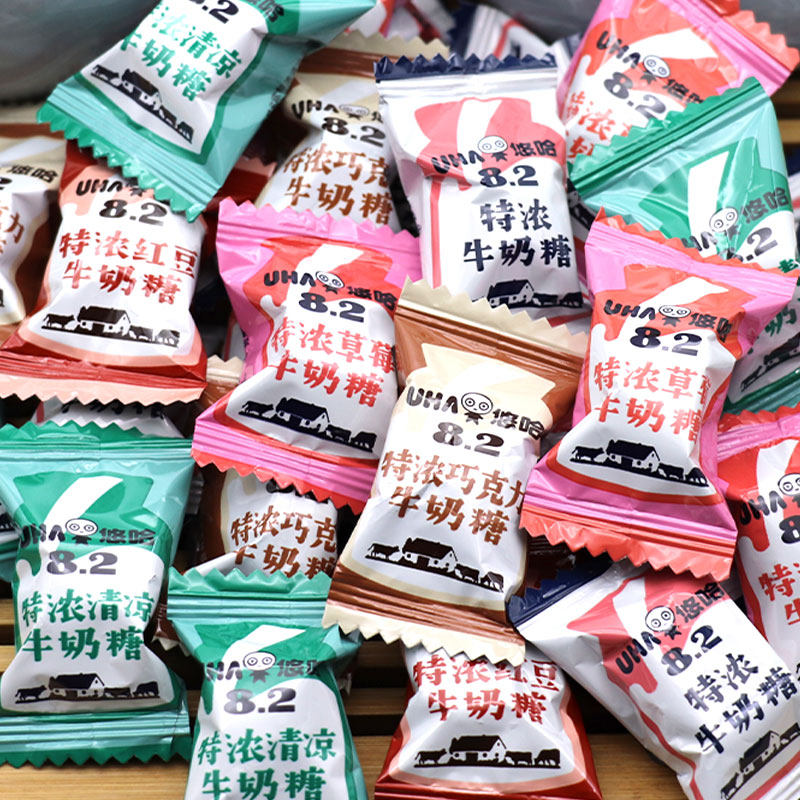 UHA悠哈特浓牛奶硬糖500g100颗散装喜糖零食草莓清凉巧克力味糖果