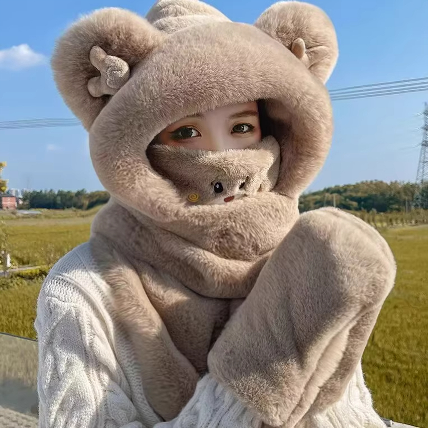 秋冬季小熊熊帽子围巾一体女保暖