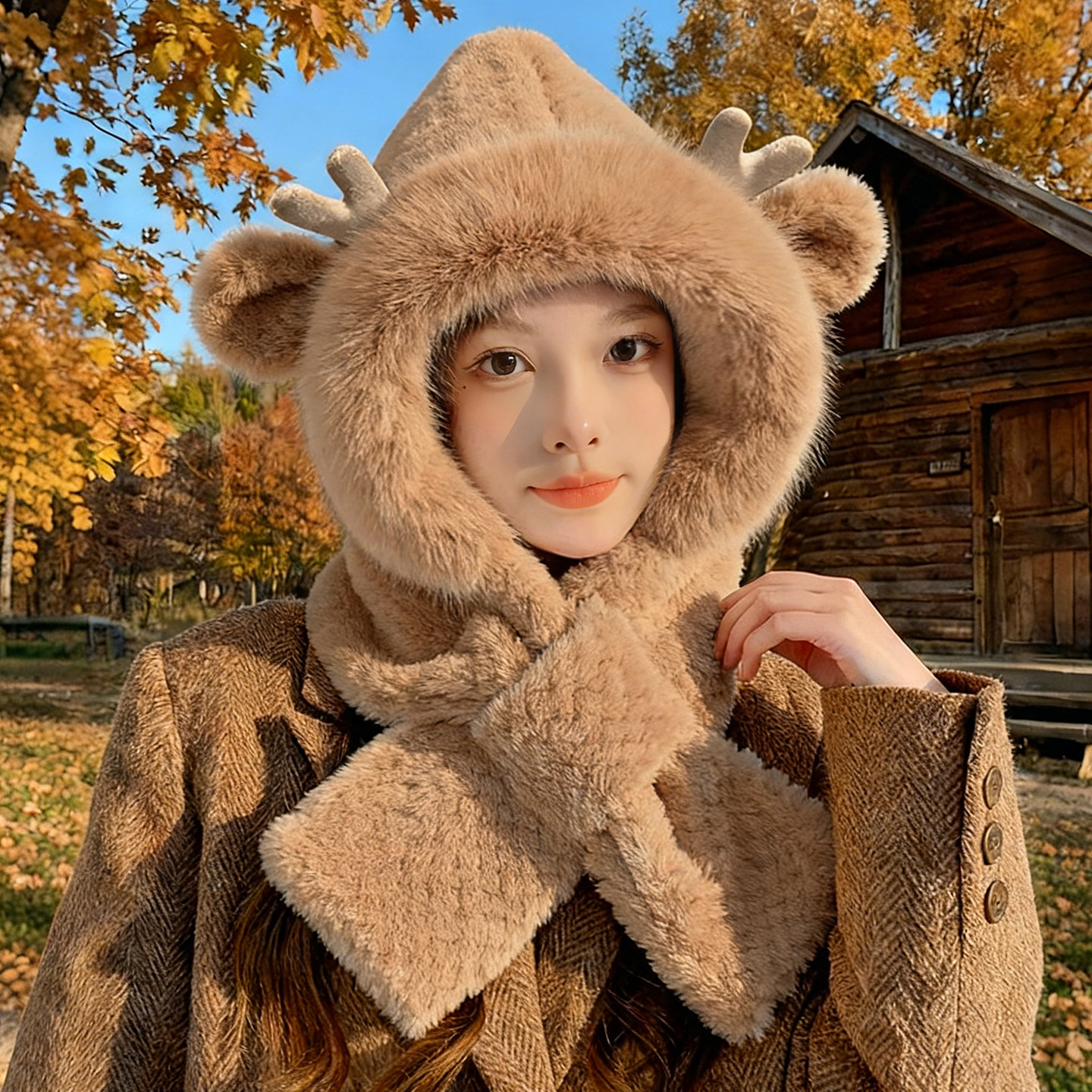 帽子女冬2025冬季新款可爱毛绒连帽围巾一体保暖户外防风三件套