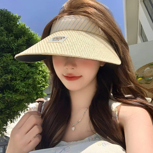 夏季可爱条纹草编空顶防晒帽女