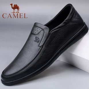 骆驼男鞋2026春夏季新款真皮休闲皮鞋一脚蹬透气软底爸爸鞋子黑色