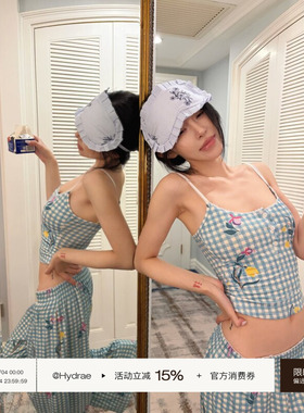 Hydrae禧1嘤 仲夏物语 复古休闲套装蓝白格子印花吊带+睡裤两件套