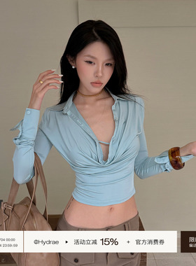 Hydrae 禧1嘤 蓝色收腰荡领T恤女纯欲风扭结设计感短款露脐上衣
