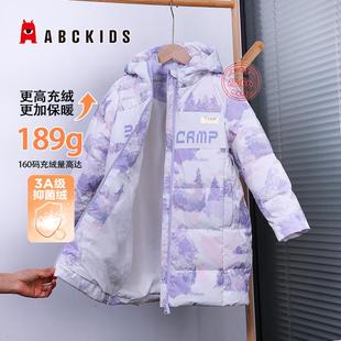 abckids女童羽绒服中长款儿童加厚鸭绒袄2024冬季新款印花外套潮