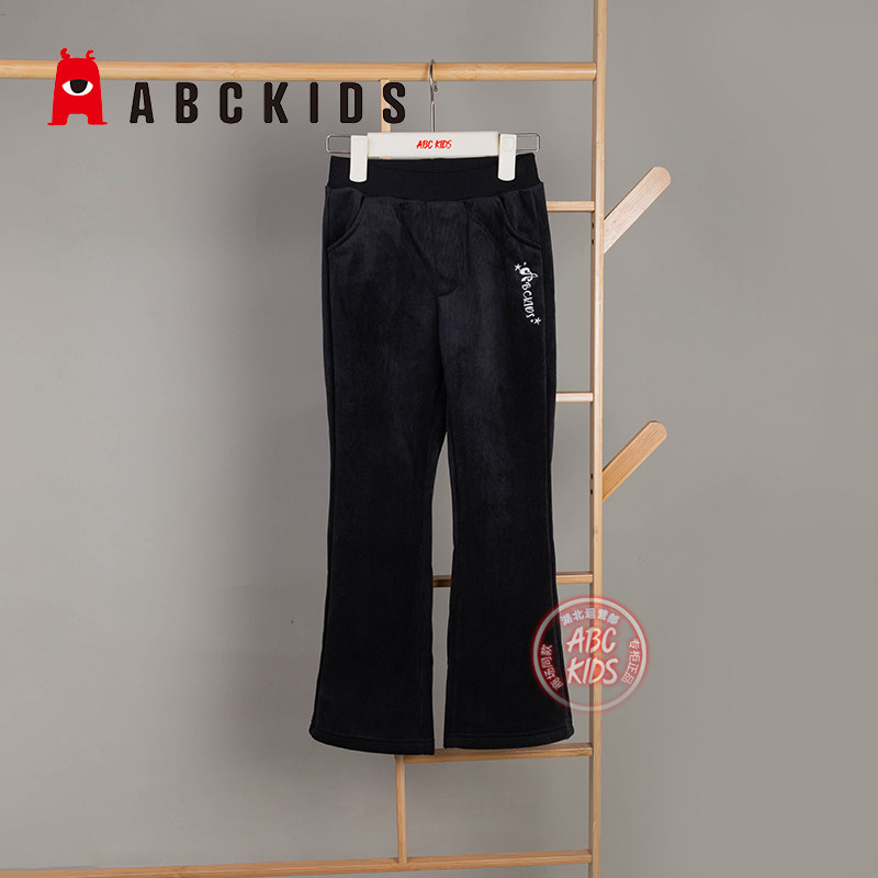 abckids童装女童休闲裤加绒灯芯绒喇叭裤2023冬季新款女孩厚裤子
