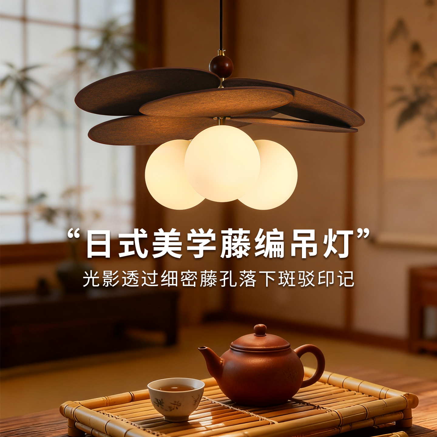 拉菲草藤编餐厅吊灯法式中古风卧室灯简约新中式侘寂风复古