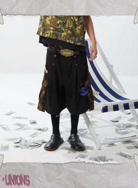 RIOTUNIONS25SS西裤拼特殊迷彩双腰头设计金色条纹提花工装7分裤