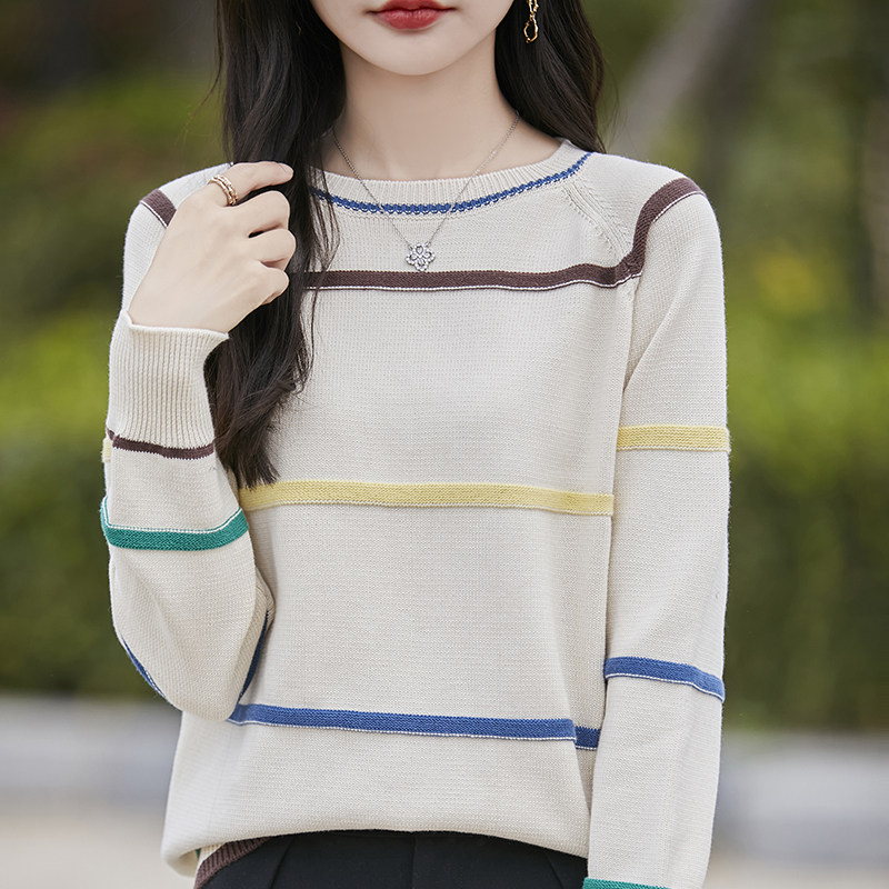 双莲100%纯棉毛衣女条纹加厚春秋百搭上衣全棉高档冬装针织打底衫,女装/女士精品,毛衣,淘宝优惠券,粉丝福利购,淘宝优惠卷