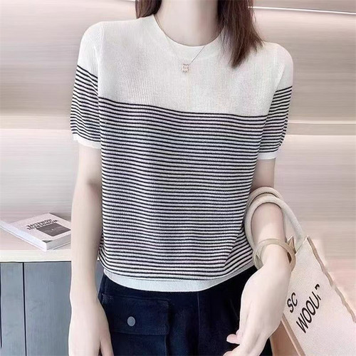 双莲100%纯棉针织衫女夏装T恤打底条纹体恤全棉线半截袖高端上衣