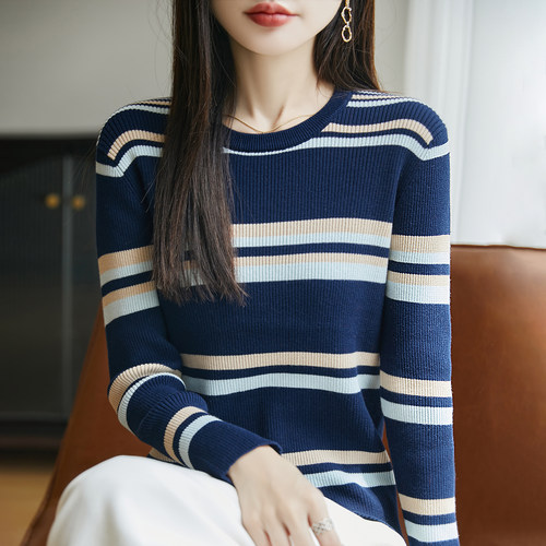 双莲100%纯棉针织衫女条纹修身冬装新款上衣百搭全棉高档春秋毛衣