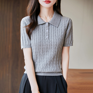 双莲100%纯棉针织衫女T恤扭花半截袖夏季polo衫上衣全棉高档体恤