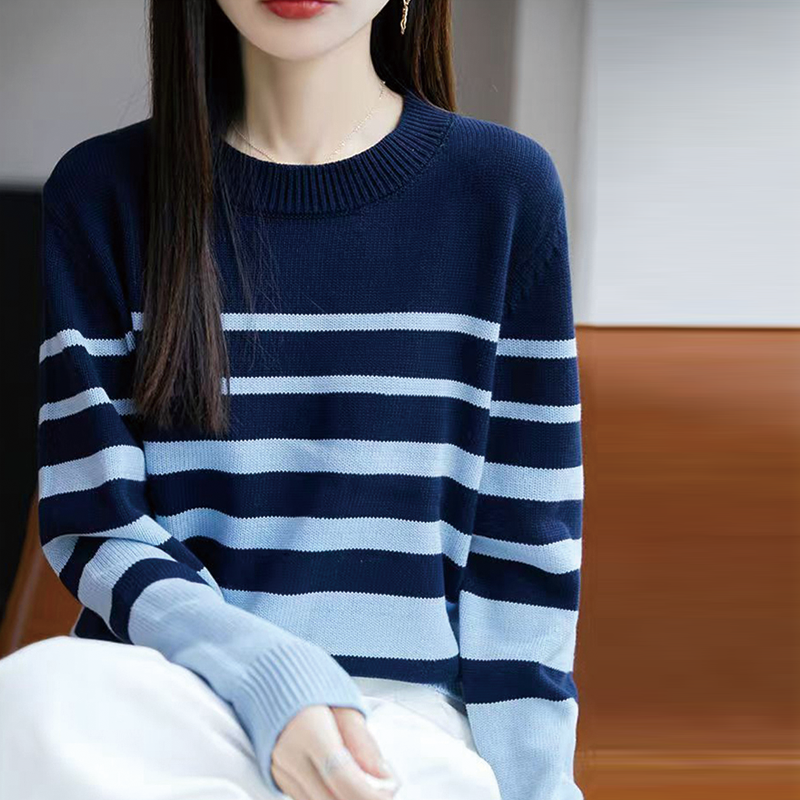 双莲100%纯棉针织衫女加厚打底渐变条纹秋冬新款上衣全棉高档毛衣