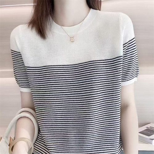 双莲100%纯棉T恤女夏季针织衫打底条纹体恤全棉半截袖高档上衣潮