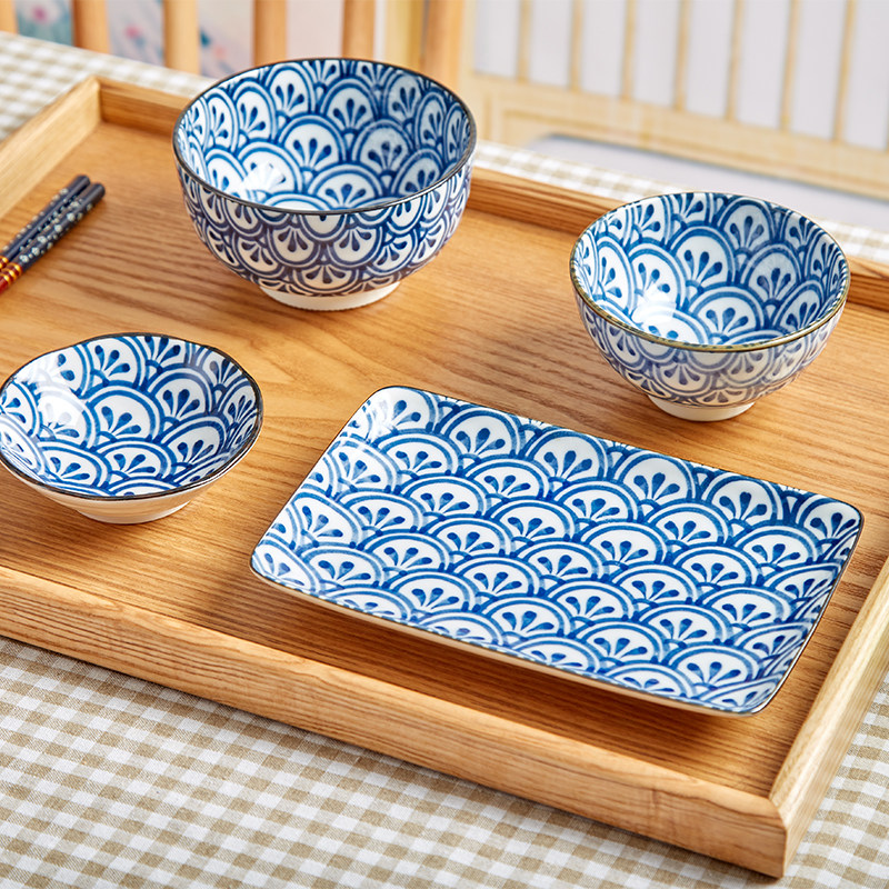 Gw日本进口陶瓷花青海波日式和风家用餐具釉下彩汤面饭碗碟菜盘子