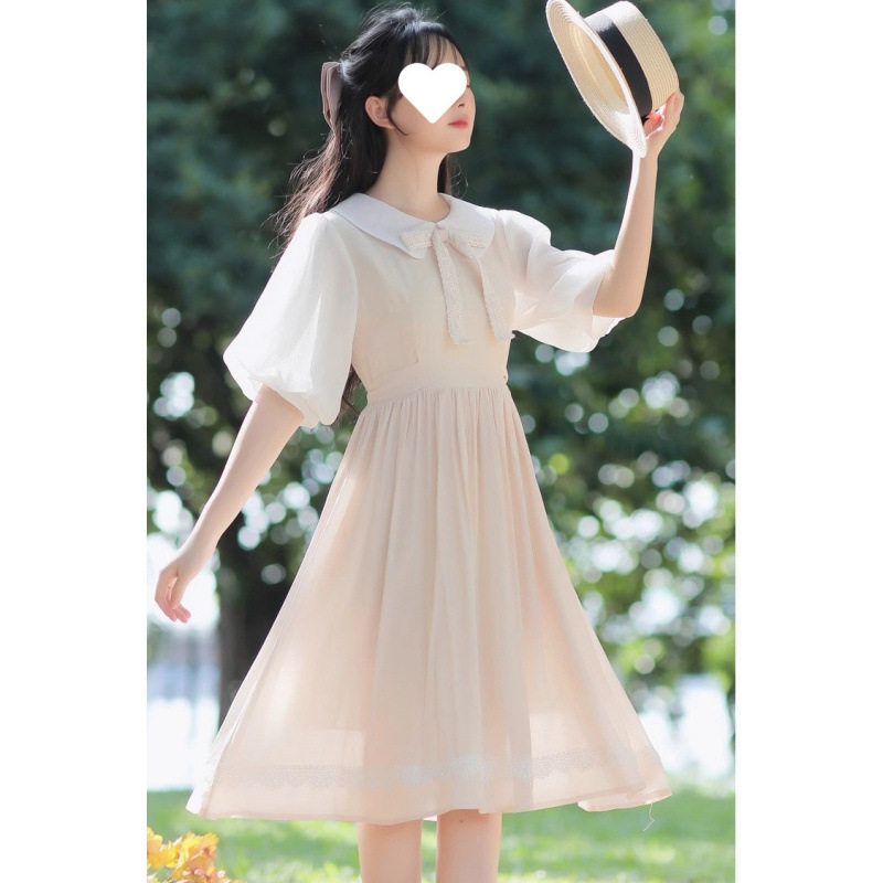 小清新少女茶系学生连衣裙过膝学院风甜美中长裙子