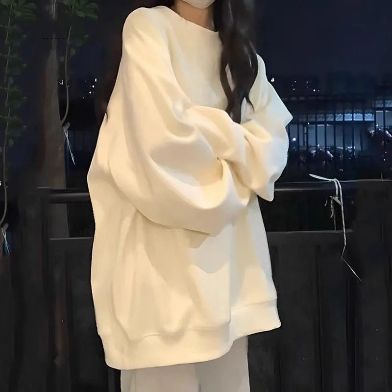 100纯棉ins超火纯色无帽卫衣女春秋oversize韩版宽松慵懒情侣上衣