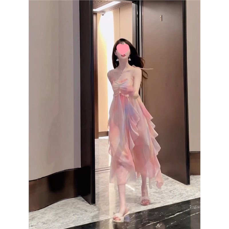 春夏中式女装中国风初恋清奶甜粉色渐变人鱼姬吊带花边连衣裙子