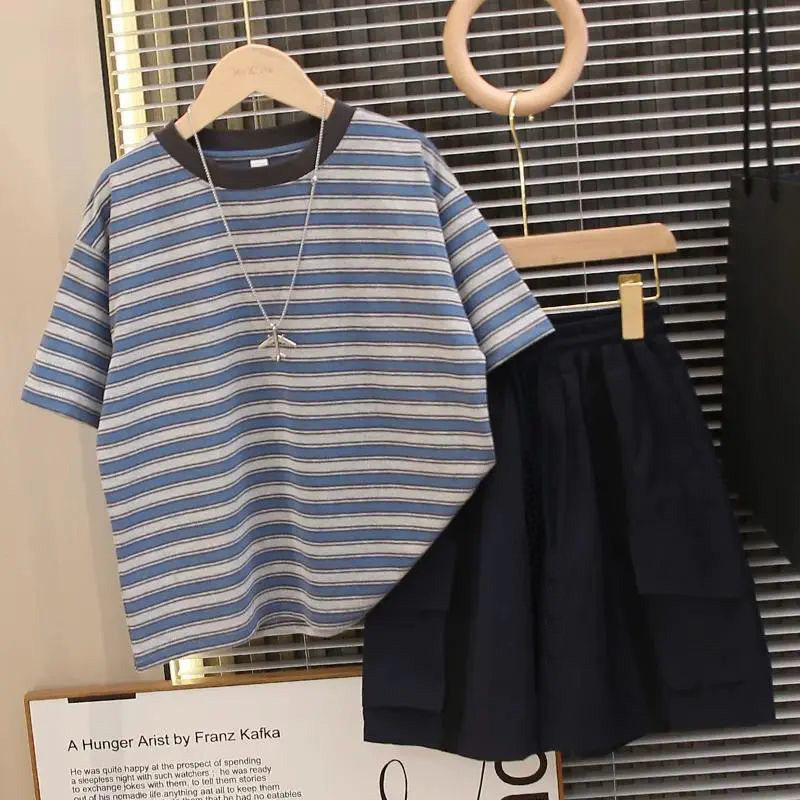 男童夏装套装韩版宽松条纹短袖中大童帅气运动休闲五分短裤两件套