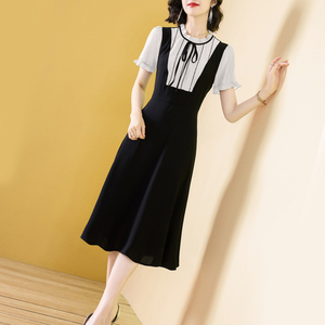 短袖显瘦夏季连衣裙2024新款女洋气赫本风撞色假两件圆领轻奢裙子