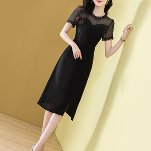 蕾丝网纱包臀拼接直身连衣裙女夏季小个子高定气质2025新款直筒身