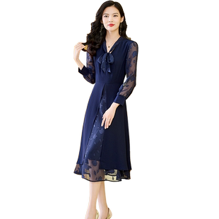 假两件连衣裙女蓝色提花拼接系带领2025春秋季打底配大衣名媛气质