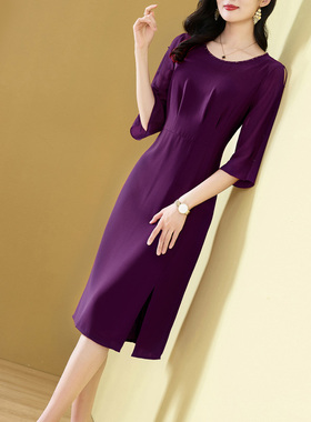 紫色晚小礼服连衣裙女式五分袖2025春夏新款喜婆婆妈妈宴会直筒裙