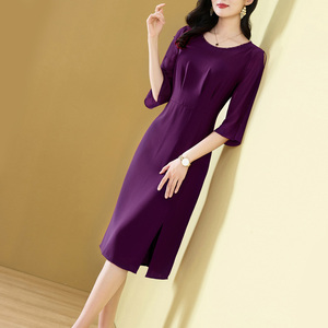 紫色晚小礼服连衣裙女式五分袖2025春夏新款喜婆婆妈妈宴会直筒裙