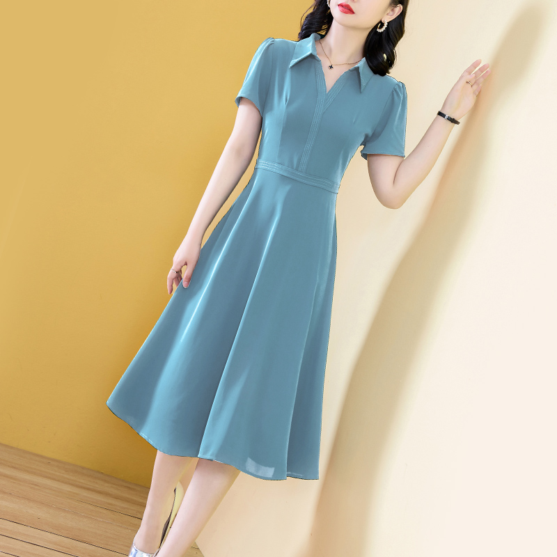 a翻领蓝色连衣裙女夏高级中年
