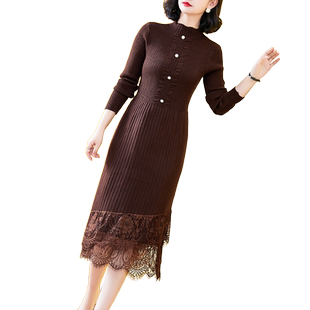 国际大牌连衣裙减龄2024春秋针织蕾丝不对称新款妈修身优雅打底裙