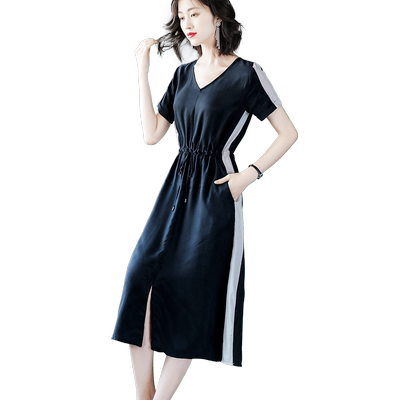 法式连衣裙复古小众夏装2024新款条纹V领收腰贵夫人淑女裙子气质