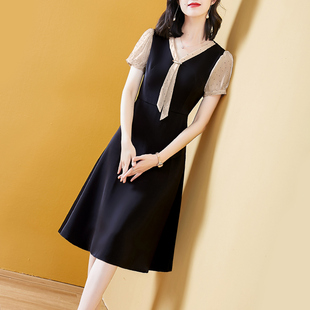 裙子女夏天连衣裙中长款收腰气质遮肚子显瘦修身v领黑色休闲过膝